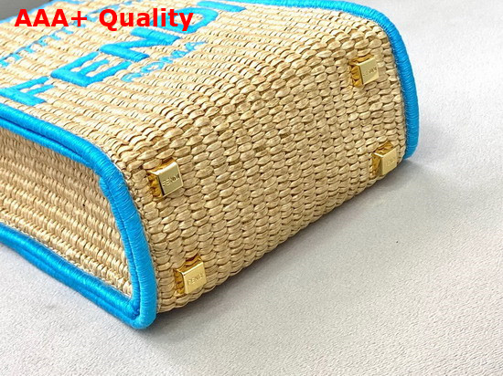 Fendi Mini Sunshine Shopper Bag Made of Natural Colored Straw with Blue FENDI ROMA Embroidery Replica