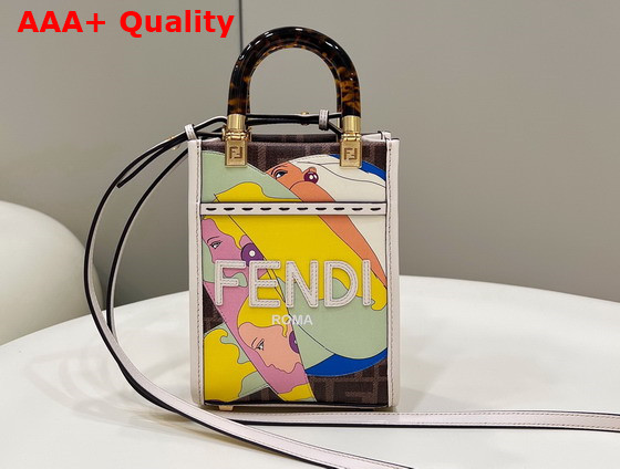 Fendi Mini Sunshine Shopper Bag in Fabric with FF Motif Multicolor Leather Hand Inlay and Embellished with Embossed FENDI Lettering Replica