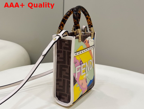 Fendi Mini Sunshine Shopper Bag in Fabric with FF Motif Multicolor Leather Hand Inlay and Embellished with Embossed FENDI Lettering Replica