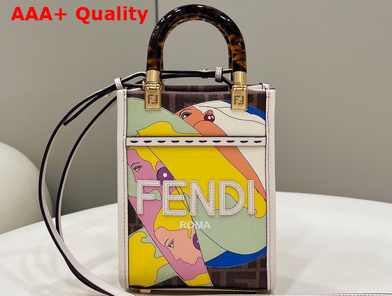 Fendi Mini Sunshine Shopper Bag in Fabric with FF Motif Multicolor Leather Hand Inlay and Embellished with Embossed FENDI Lettering Replica