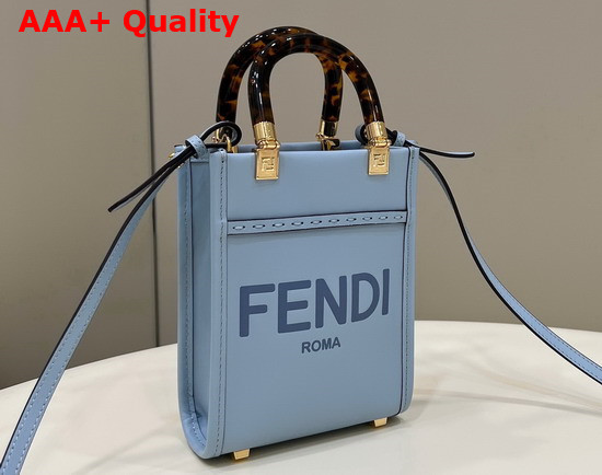 Fendi Mini Sunshine Shopper Bag in Light Blue Leather with Hot Stamped FENDI ROMA Print Replica