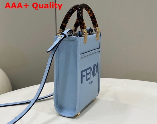 Fendi Mini Sunshine Shopper Bag in Light Blue Leather with Hot Stamped FENDI ROMA Print Replica