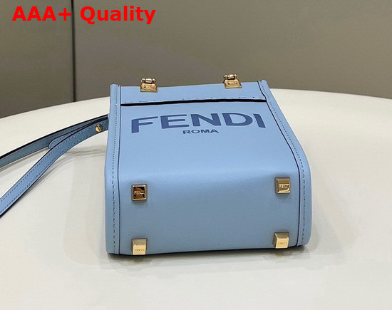 Fendi Mini Sunshine Shopper Bag in Light Blue Leather with Hot Stamped FENDI ROMA Print Replica