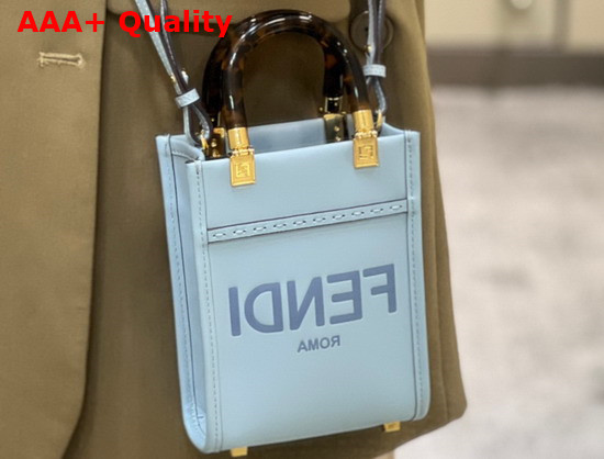 Fendi Mini Sunshine Shopper Bag in Light Blue Leather with Hot Stamped FENDI ROMA Print Replica