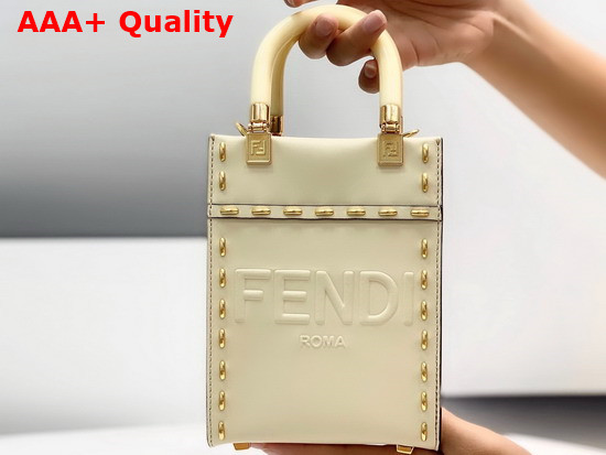 Fendi Mini Sunshine Shopper Bag in Parchment Colored Leather with Metal Stitch and Embossed FENDI ROMA Lettering Replica