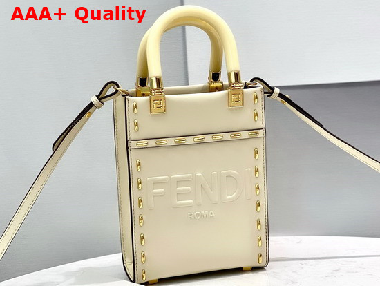 Fendi Mini Sunshine Shopper Bag in Parchment Colored Leather with Metal Stitch and Embossed FENDI ROMA Lettering Replica