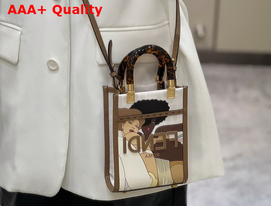 Fendi Mini Sunshine Shopper White FF Printed Fabric Mini Bag Replica