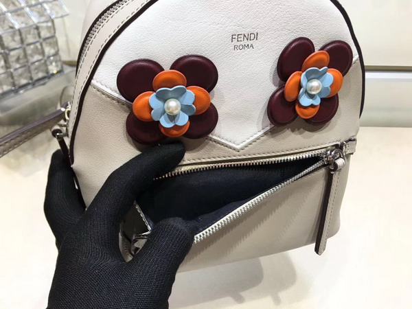 Fendi Mini backpack in Powder Grey Leather Decorated with a White Insert and Two Flowers with Napp Petals in Different Colours For Sale