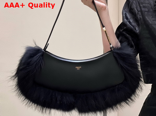 Fendi O Lock Swing Black Leather and Fox Fur Pouch Replica