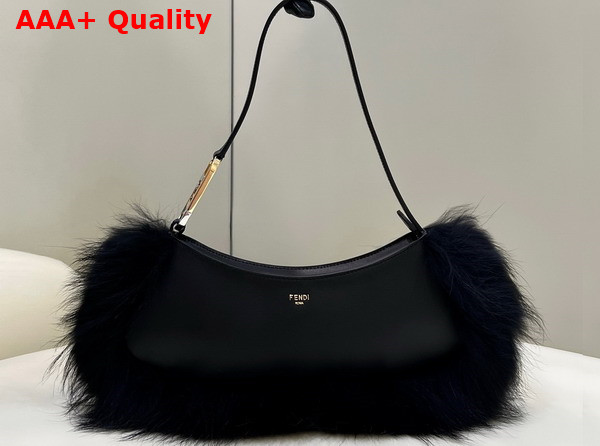 Fendi O Lock Swing Black Leather and Fox Fur Pouch Replica