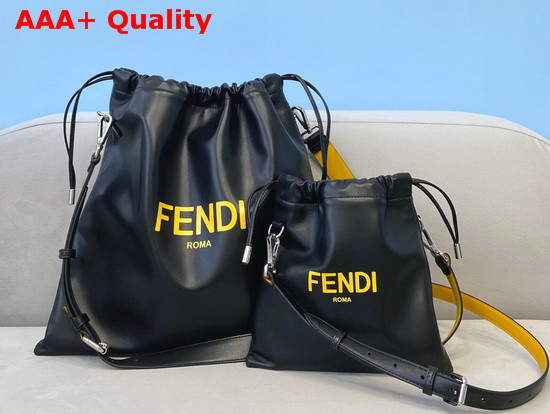 Fendi Pack Small Pouch Bag with Drawstring Black Nappa Leather with Yellow FENDI ROMA Replica