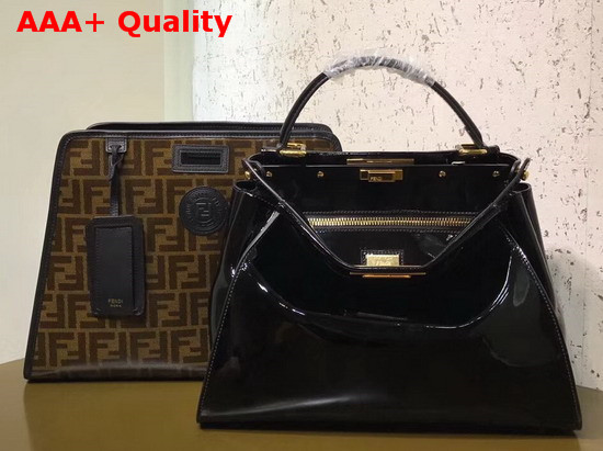 Fendi Peekaboo Defender Black Patent Leather Bag with Glazed Fabric Cover Replica