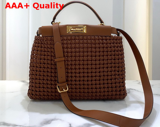 Fendi Peekaboo Iconic Medium Brown Leather Interlace Bag Replica