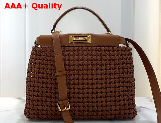 Fendi Peekaboo Iconic Medium Brown Leather Interlace Bag Replica