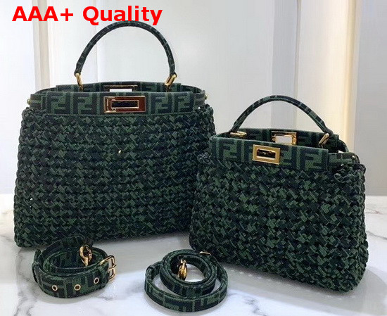 Fendi Peekaboo Iconic Medium Jacquard Fabric Interlace Bag in Green Replica