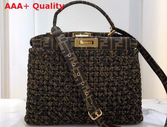 Fendi Peekaboo Iconic Medium Jacquard Fabric Interlace Bag in Khaki Replica