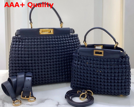 Fendi Peekaboo Iconic Medium Navy Blue Leather Interlace Bag Replica