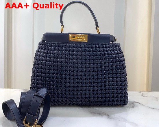 Fendi Peekaboo Iconic Medium Navy Blue Leather Interlace Bag Replica