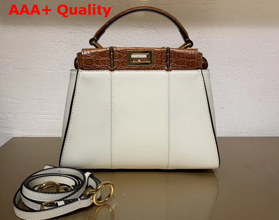 Fendi Peekaboo Iconic Mini Handbag in White Calf Leather and Glossy Brown Caiman Leather Replica