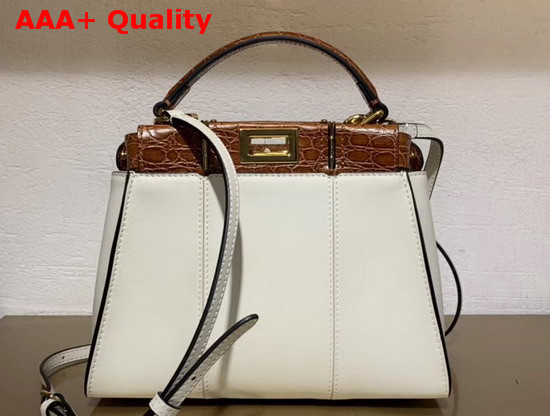 Fendi Peekaboo Iconic Mini Handbag in White Calf Leather and Glossy Brown Caiman Leather Replica