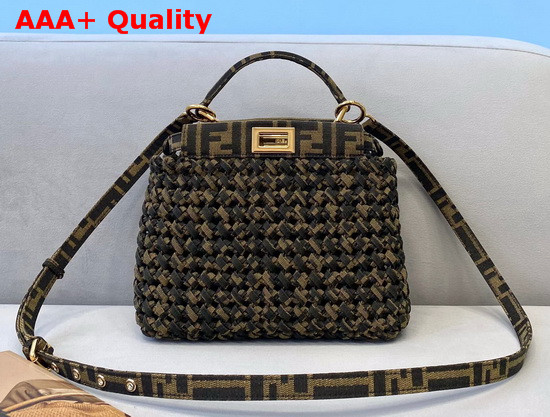 Fendi Peekaboo Iconic Mini Jacquard Fabric Interlace Bag in Khaki Replica