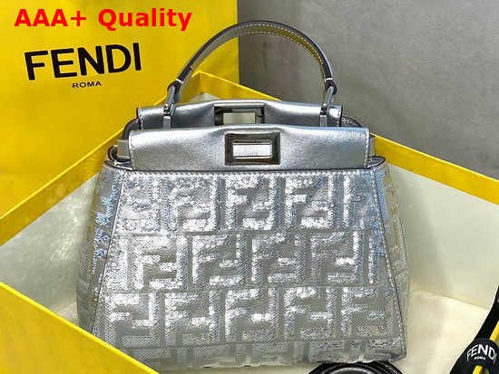 Fendi Peekaboo Mini Handbag Silver Nappa Leather Sequin Embroidery FF Motif Replica