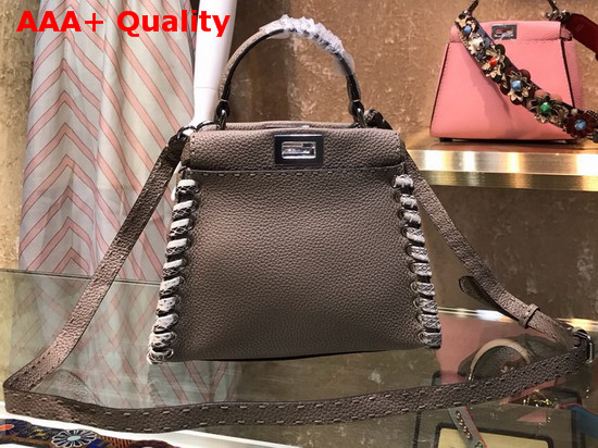 Fendi Peekaboo Mini Handbag in Asphalt Grey Roman Leather with Hand Sewn Stitches and Elaphe Weave Along The Edges Replica