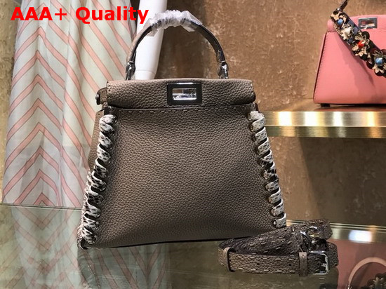 Fendi Peekaboo Mini Handbag in Asphalt Grey Roman Leather with Hand Sewn Stitches and Elaphe Weave Along The Edges Replica