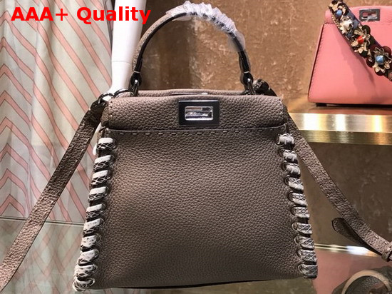 Fendi Peekaboo Mini Handbag in Asphalt Grey Roman Leather with Hand Sewn Stitches and Elaphe Weave Along The Edges Replica