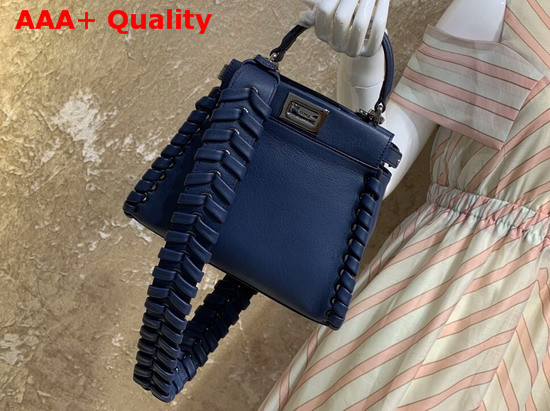 Fendi Peekaboo Mini Handbag in Blue Calfskin with a Tone on Tone Weave Along the Edges Replica