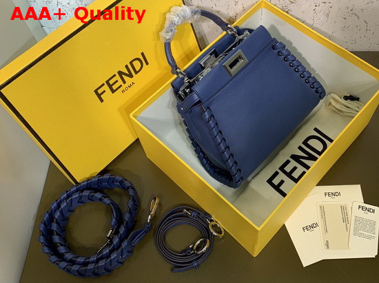 Fendi Peekaboo Mini Handbag in Blue Calfskin with a Tone on Tone Weave Along the Edges Replica