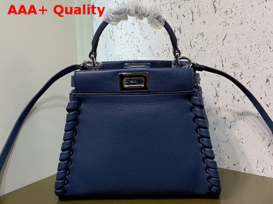 Fendi Peekaboo Mini Handbag in Blue Calfskin with a Tone on Tone Weave Along the Edges Replica