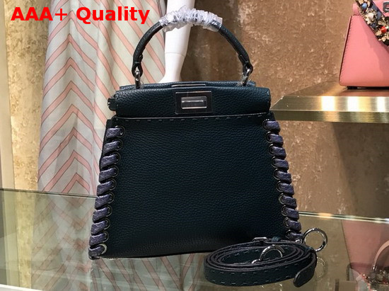 Fendi Peekaboo Mini Handbag in Green Roman Leather with Hand Sewn Stitches and Elaphe Weave Along The Edges Replica