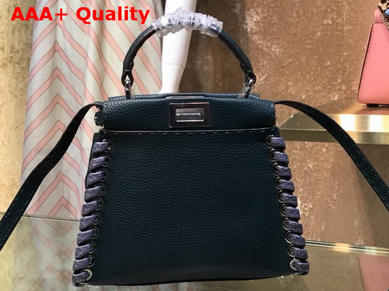 Fendi Peekaboo Mini Handbag in Green Roman Leather with Hand Sewn Stitches and Elaphe Weave Along The Edges Replica