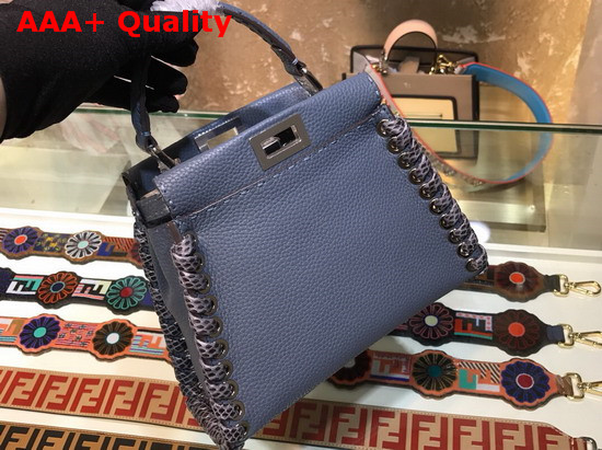 Fendi Peekaboo Mini Handbag in Light Blue Roman Leather with Hand Sewn Stitches and Elaphe Weave Along The Edges Replica