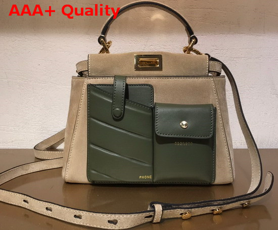 Fendi Peekaboo Mini Pocket Handbag in Beige Suede Leather and Green Leather Replica