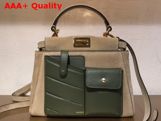 Fendi Peekaboo Mini Pocket Handbag in Beige Suede Leather and Green Leather Replica