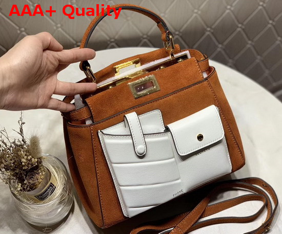 Fendi Peekaboo Mini Pocket Handbag in Brown Suede Leather and White Leather Replica