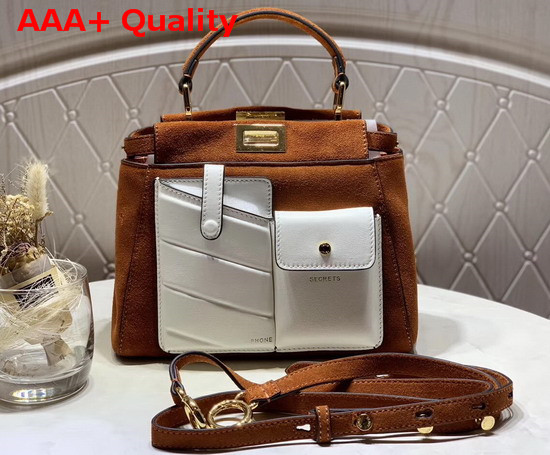 Fendi Peekaboo Mini Pocket Handbag in Brown Suede Leather and White Leather Replica