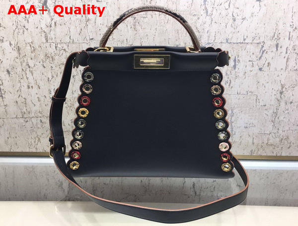 Fendi Peekaboo Regular Exotic Black Leather Bag with Multicolor Grommets Replica