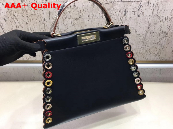 Fendi Peekaboo Regular Exotic Black Leather Bag with Multicolor Grommets Replica