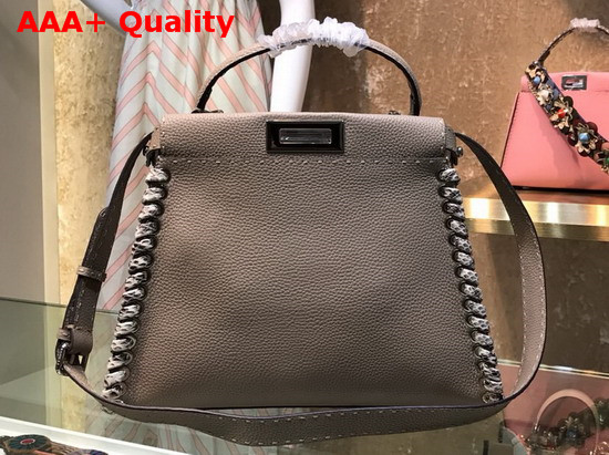 Fendi Peekaboo Regular Handbag in Asphalt Grey Roman Leather with Hand Sewn Stitches and Elaphe Weave Along The Edges Replica