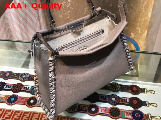 Fendi Peekaboo Regular Handbag in Asphalt Grey Roman Leather with Hand Sewn Stitches and Elaphe Weave Along The Edges Replica