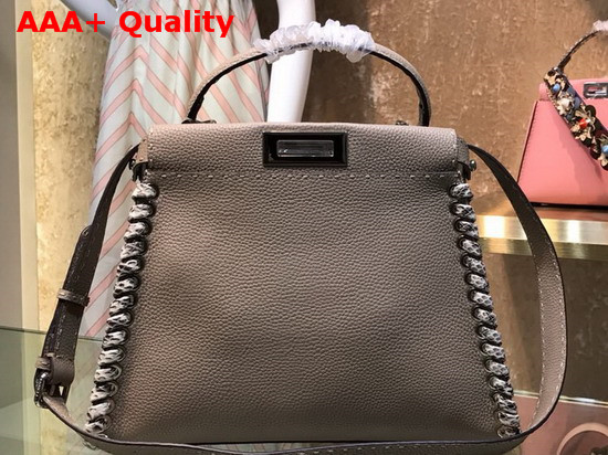 Fendi Peekaboo Regular Handbag in Asphalt Grey Roman Leather with Hand Sewn Stitches and Elaphe Weave Along The Edges Replica