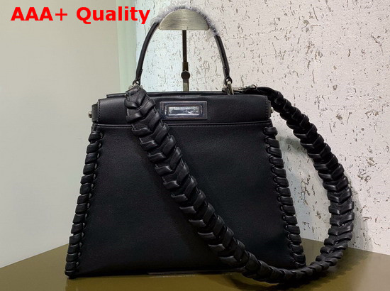 Fendi Peekaboo Regular Handbag in Black Calfskin with a Tone on Tone Weave Along the Edges Replica