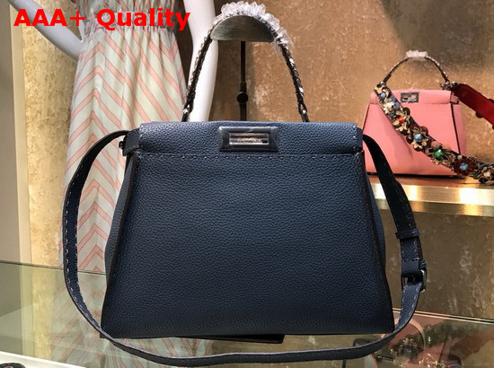 Fendi Peekaboo Regular Handbag in Blue Roman Leather with Elaphe Covered Handle Replica