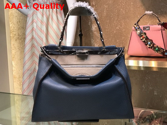 Fendi Peekaboo Regular Handbag in Blue Roman Leather with Elaphe Covered Handle Replica