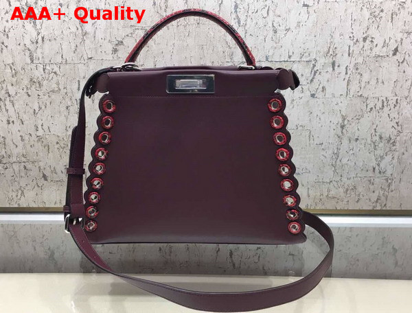 Fendi Peekaboo Regular Handbag in Burgundy Calf Leather with Python Handle and Grommets Replica