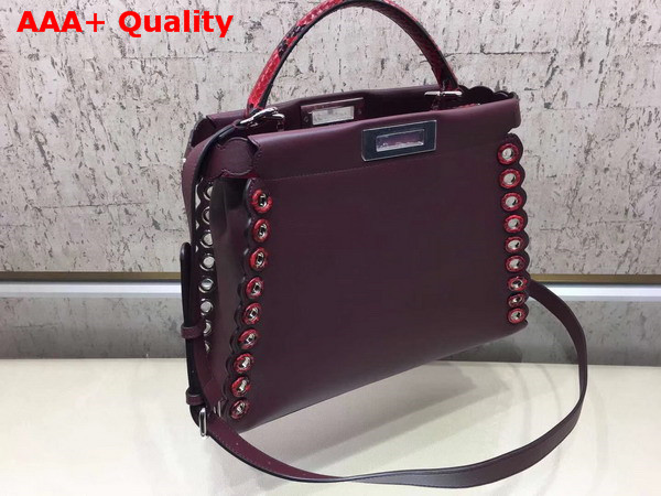 Fendi Peekaboo Regular Handbag in Burgundy Calf Leather with Python Handle and Grommets Replica