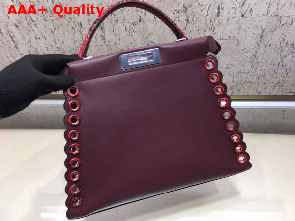 Fendi Peekaboo Regular Handbag in Burgundy Calf Leather with Python Handle and Grommets Replica